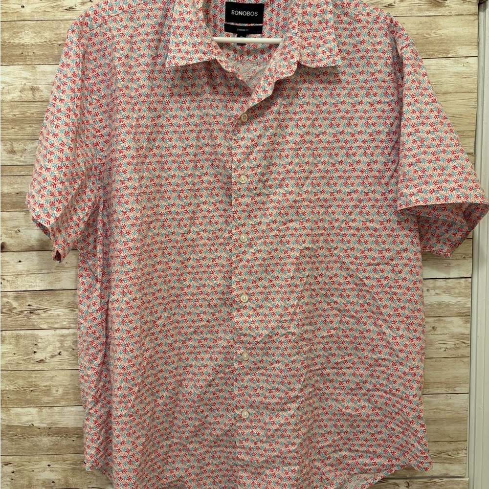 Men’s Bonobos Red, Blue and White leaf Casual Button Down Shirt XL
